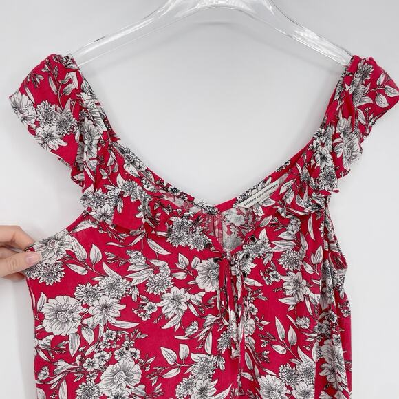 American Eagle Red Ruffle Hawaiian Lace Up Low Back Floral Sundress Small V Neck - Picture 4 of 9